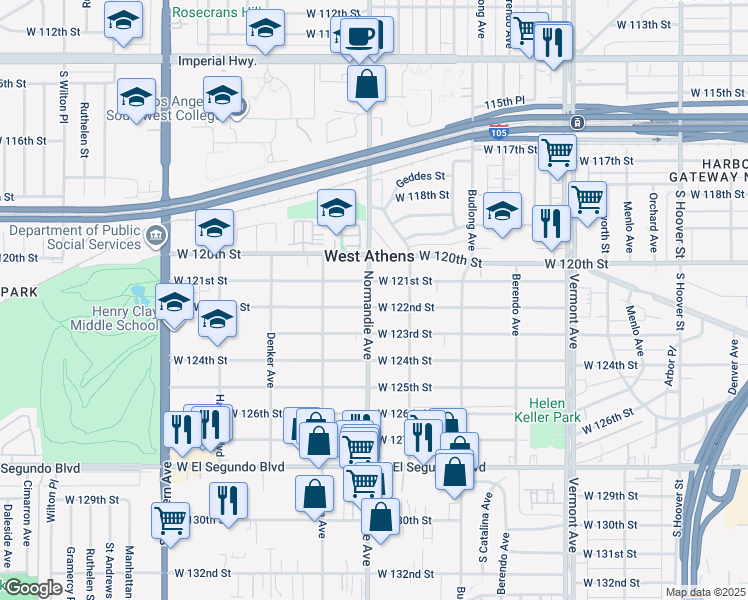 map of restaurants, bars, coffee shops, grocery stores, and more near 1343 West 122nd Street in Los Angeles