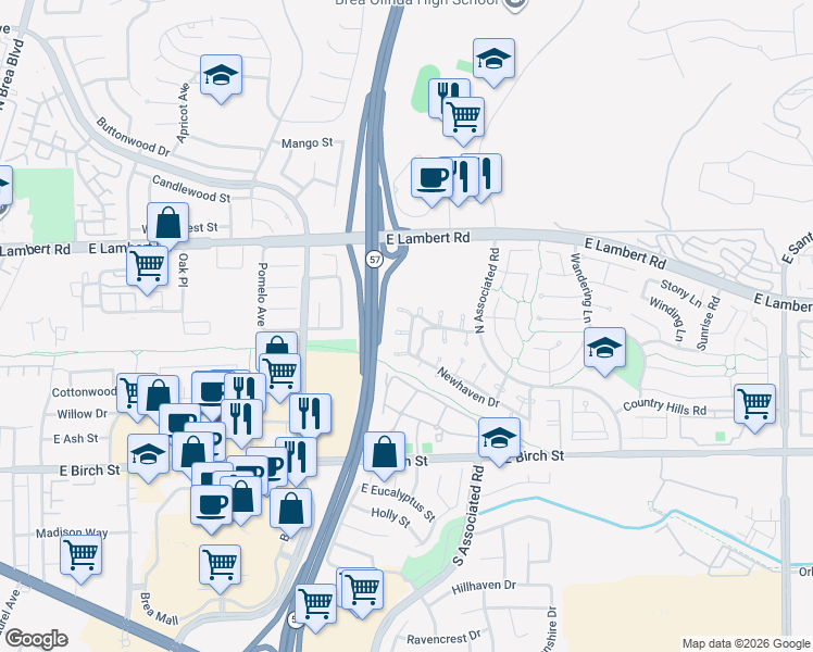 map of restaurants, bars, coffee shops, grocery stores, and more near 1735 Wisteria Drive in Brea