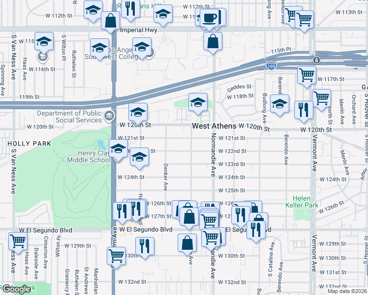 map of restaurants, bars, coffee shops, grocery stores, and more near 1519 West 122nd Street in Los Angeles