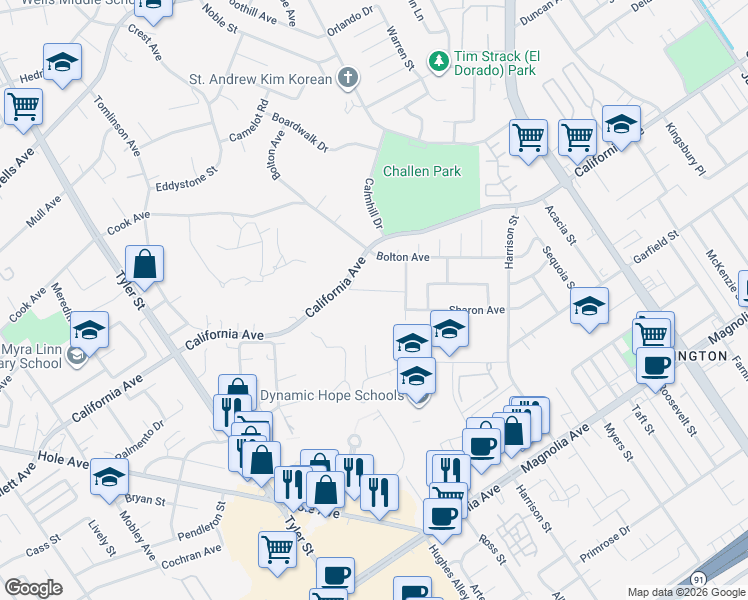 map of restaurants, bars, coffee shops, grocery stores, and more near 3960 Tomlinson Avenue in Riverside