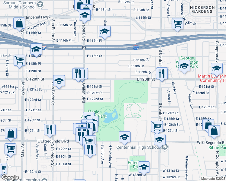 map of restaurants, bars, coffee shops, grocery stores, and more near 12109 McKinley Avenue in Los Angeles