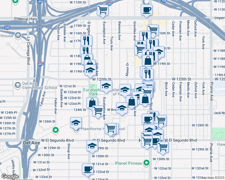 map of restaurants, bars, coffee shops, grocery stores, and more near 12117 Ramona Avenue in Hawthorne