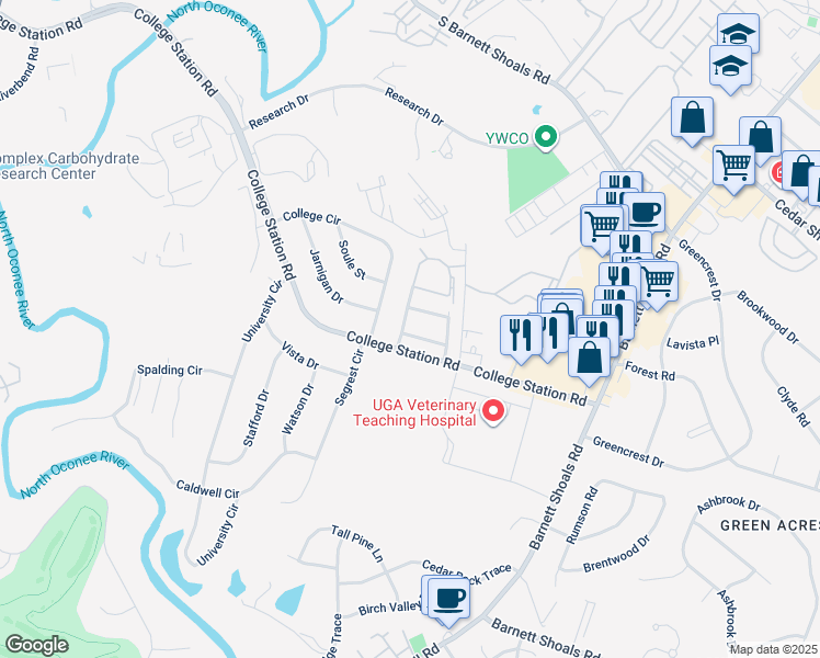 map of restaurants, bars, coffee shops, grocery stores, and more near 144 Sandburg Street in Athens