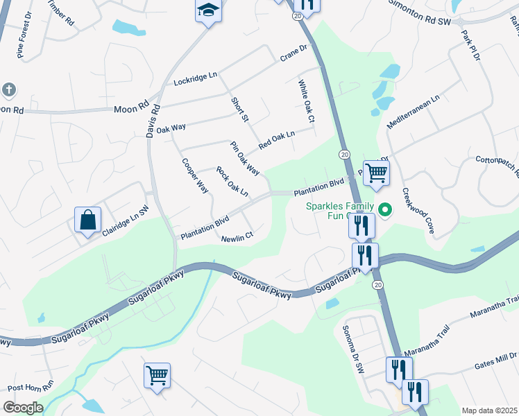 map of restaurants, bars, coffee shops, grocery stores, and more near 512 Plantation Boulevard in Lawrenceville