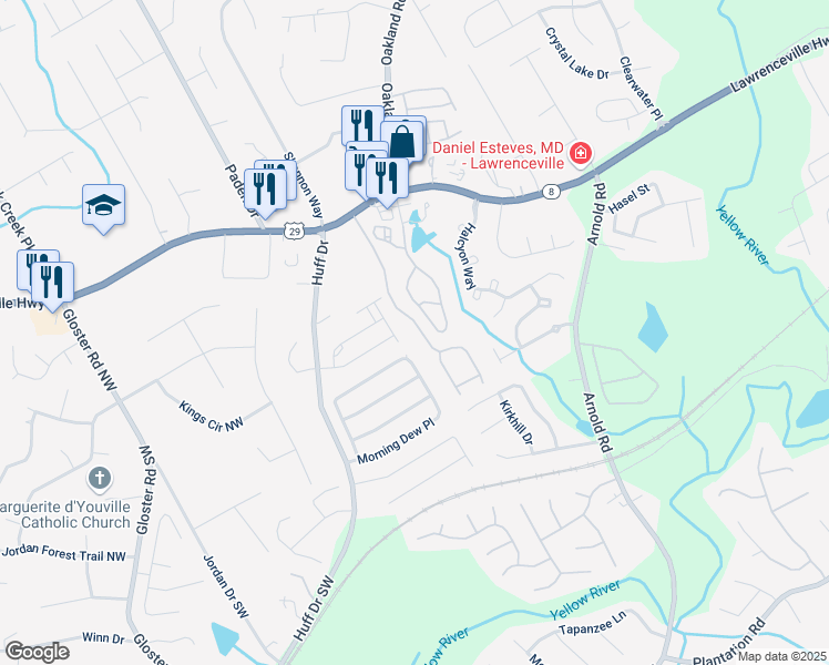 map of restaurants, bars, coffee shops, grocery stores, and more near 109 Oak Green Drive in Lawrenceville