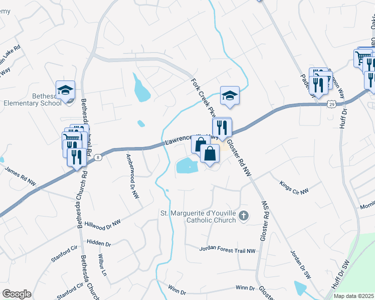 map of restaurants, bars, coffee shops, grocery stores, and more near 2734 Harrison Drive in Lawrenceville