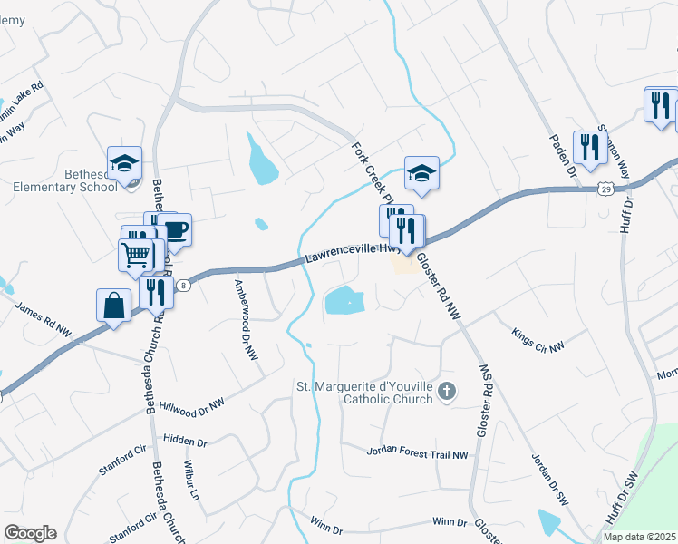 map of restaurants, bars, coffee shops, grocery stores, and more near 314 Oldvine Drive in Lawrenceville