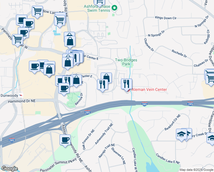 map of restaurants, bars, coffee shops, grocery stores, and more near 4441 Ashford Dunwoody Road Northeast in Dunwoody