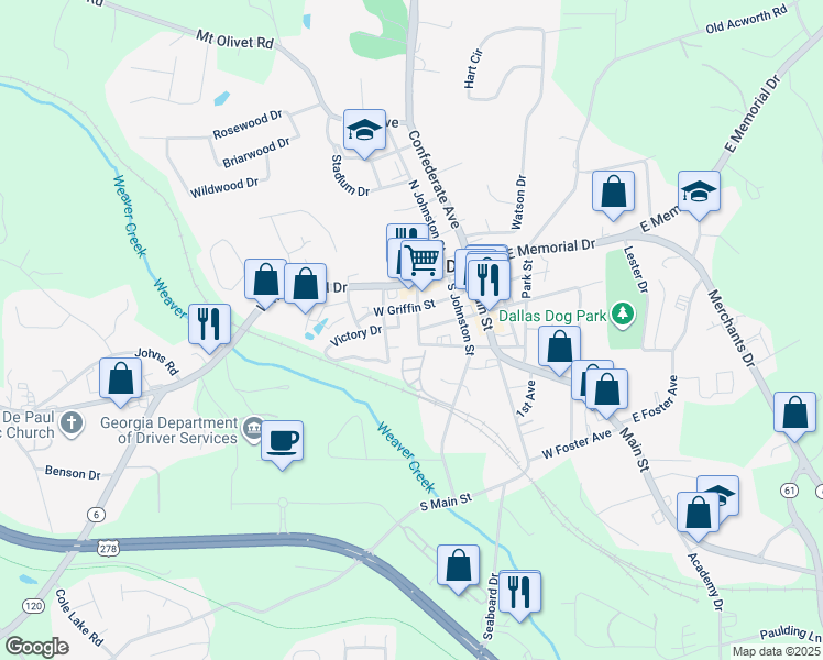 map of restaurants, bars, coffee shops, grocery stores, and more near 242 West Spring Street in Dallas