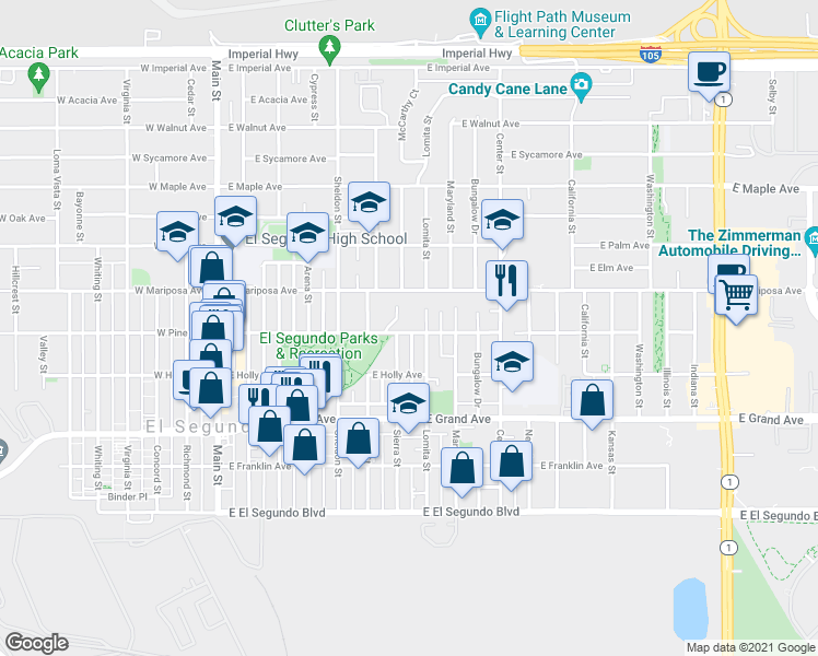 map of restaurants, bars, coffee shops, grocery stores, and more near 709 East Pine Avenue in El Segundo