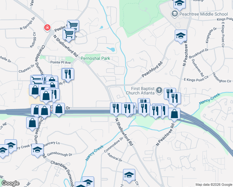 map of restaurants, bars, coffee shops, grocery stores, and more near 10 Peachford Circle in Dunwoody