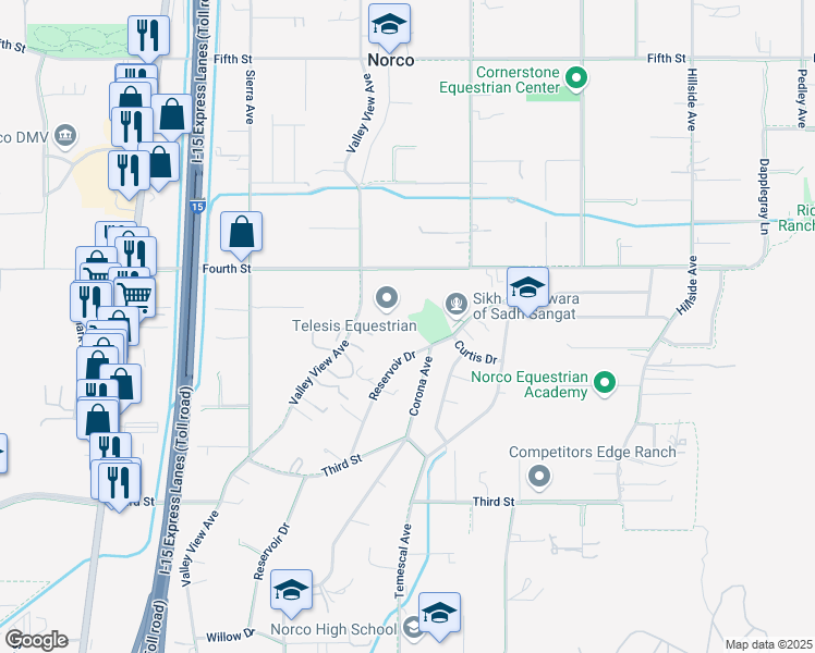 map of restaurants, bars, coffee shops, grocery stores, and more near 2742 Reservoir Drive in Norco