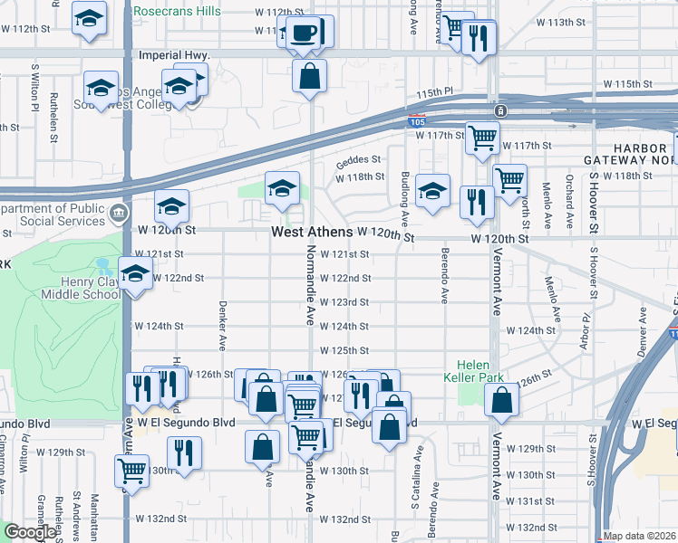 map of restaurants, bars, coffee shops, grocery stores, and more near 1309 West 122nd Street in Los Angeles
