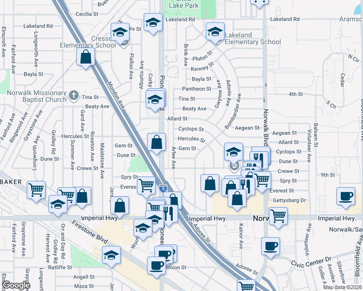 map of restaurants, bars, coffee shops, grocery stores, and more near 11849 Gem Street in Norwalk