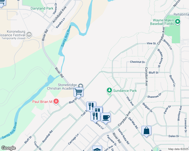 map of restaurants, bars, coffee shops, grocery stores, and more near 4047 Bluff Street in Norco