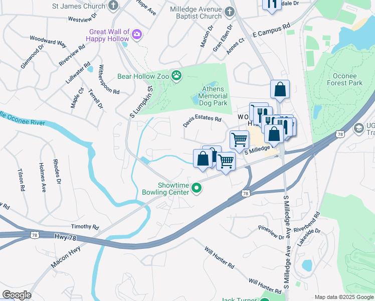 map of restaurants, bars, coffee shops, grocery stores, and more near 160 Heatherwood Lane in Athens