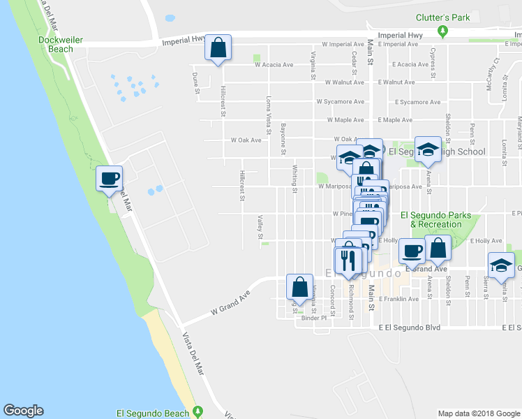 map of restaurants, bars, coffee shops, grocery stores, and more near 627 West Pine Avenue in El Segundo