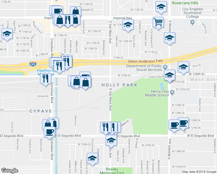 map of restaurants, bars, coffee shops, grocery stores, and more near 12025 Millennium Park Court in Hawthorne