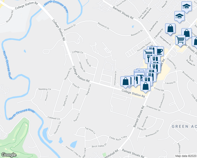 map of restaurants, bars, coffee shops, grocery stores, and more near 105 Mark Twain Circle in Athens