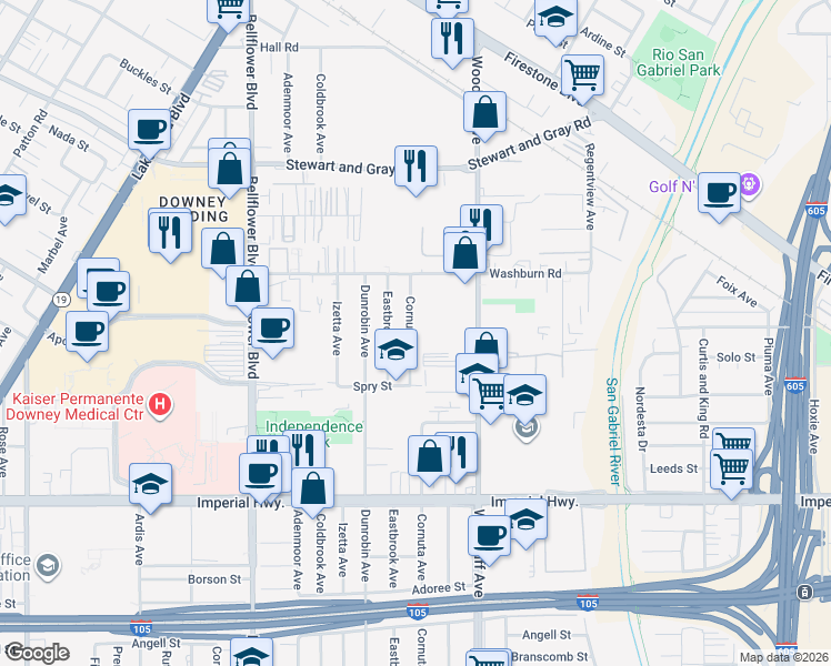 map of restaurants, bars, coffee shops, grocery stores, and more near 12202 Cornuta Avenue in Downey