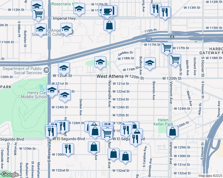 map of restaurants, bars, coffee shops, grocery stores, and more near 1343 West 122nd Street in Los Angeles