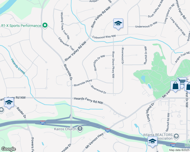 map of restaurants, bars, coffee shops, grocery stores, and more near 465 Riverside Parkway in Atlanta