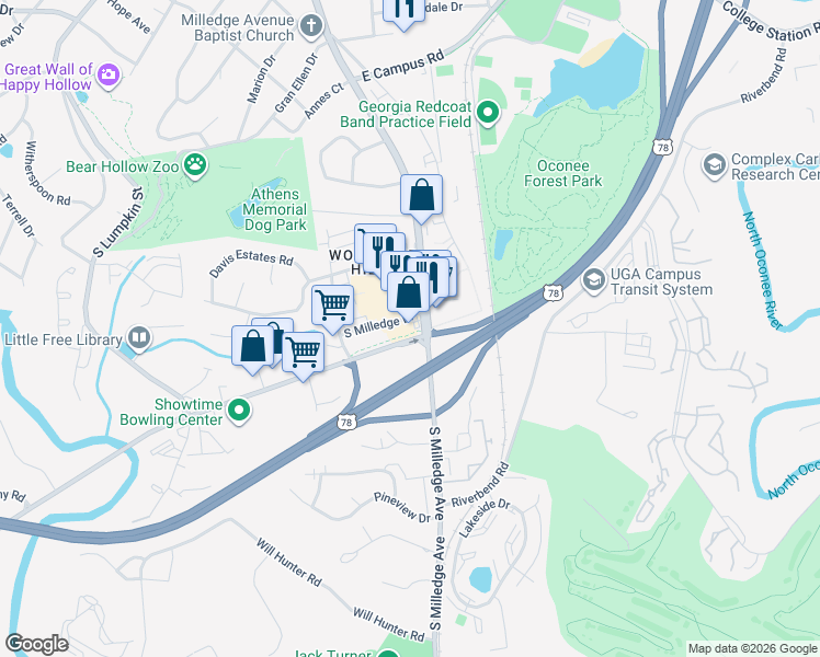 map of restaurants, bars, coffee shops, grocery stores, and more near 100 Macon Highway in Athens