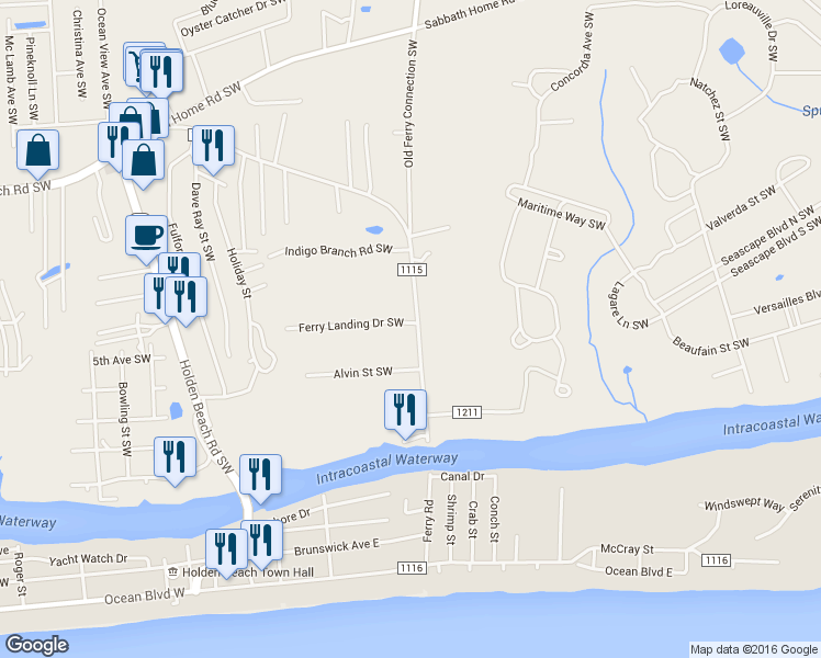 map of restaurants, bars, coffee shops, grocery stores, and more near 1051 Ferry Landing Drive Southwest in Brunswick County
