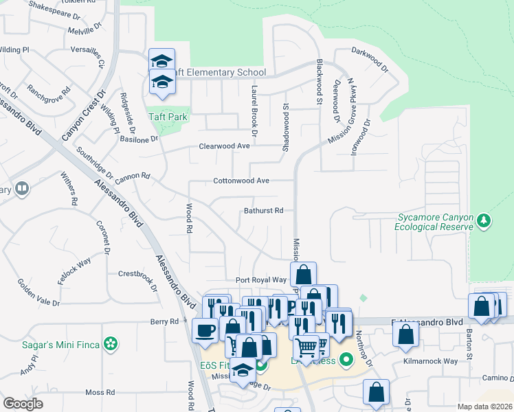 map of restaurants, bars, coffee shops, grocery stores, and more near 256 Bathurst Road in Riverside