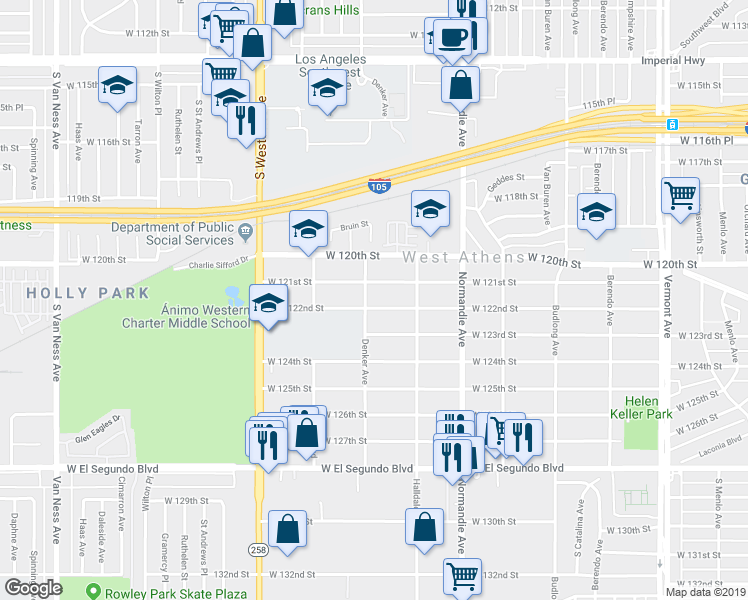 map of restaurants, bars, coffee shops, grocery stores, and more near 1551 West 122nd Street in Los Angeles