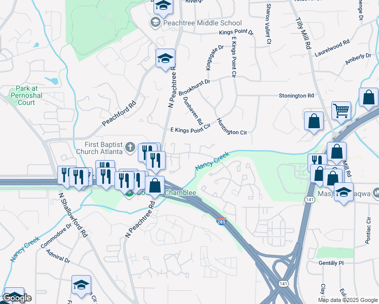 map of restaurants, bars, coffee shops, grocery stores, and more near 2280 Dunwoody Crossing in Dunwoody