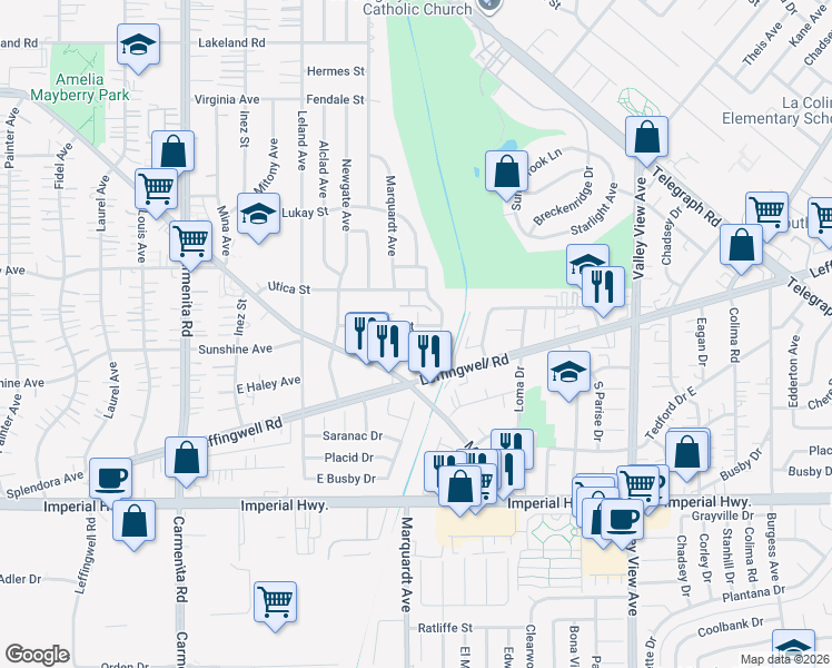 map of restaurants, bars, coffee shops, grocery stores, and more near 13828 Crewe Street in Whittier