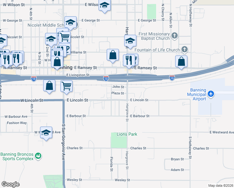 map of restaurants, bars, coffee shops, grocery stores, and more near 670 Plaza Street in Banning