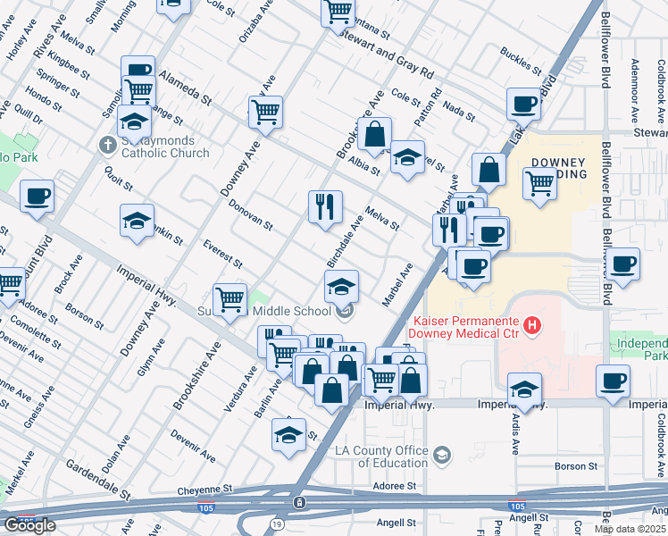 map of restaurants, bars, coffee shops, grocery stores, and more near 8603 Donovan Street in Downey