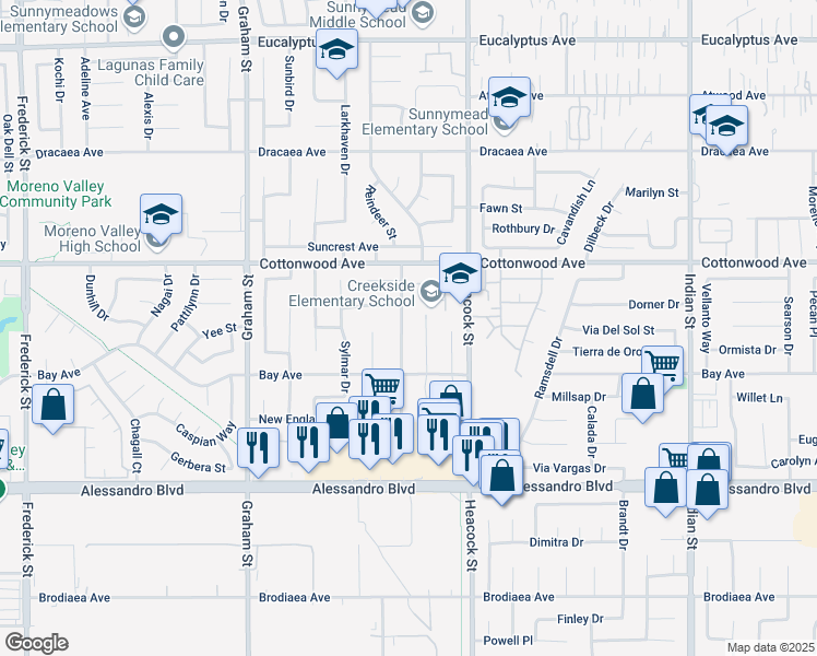 map of restaurants, bars, coffee shops, grocery stores, and more near 13648 Rockcrest Drive in Moreno Valley