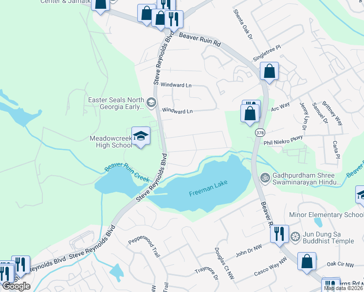 map of restaurants, bars, coffee shops, grocery stores, and more near 4469 Plantation Lane in Norcross