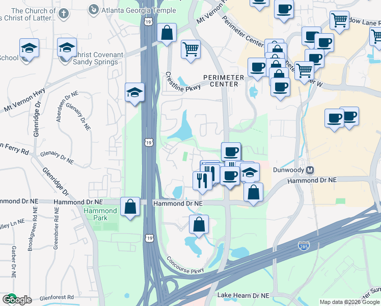 map of restaurants, bars, coffee shops, grocery stores, and more near 47 Dunwoody Springs Drive in Atlanta