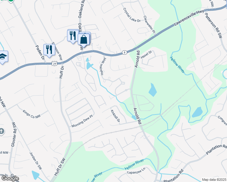 map of restaurants, bars, coffee shops, grocery stores, and more near 170 Taggart Run Northwest in Lawrenceville