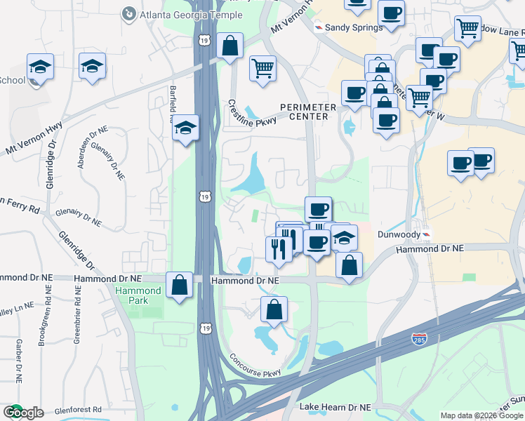 map of restaurants, bars, coffee shops, grocery stores, and more near 1101 Garden Court in Atlanta