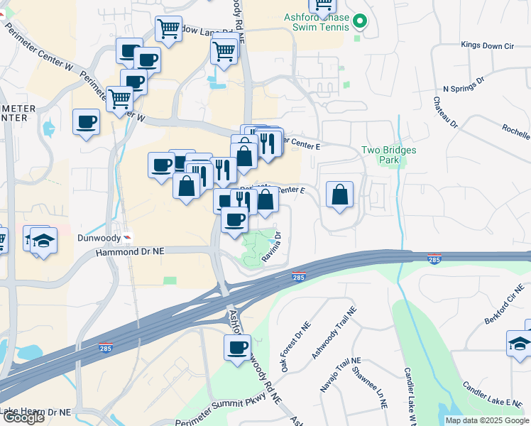 map of restaurants, bars, coffee shops, grocery stores, and more near 2 Ravinia Parkway Northeast in Dunwoody