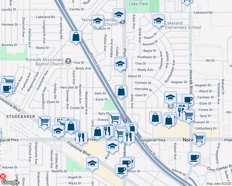 map of restaurants, bars, coffee shops, grocery stores, and more near 12016 Mondon Avenue in Norwalk