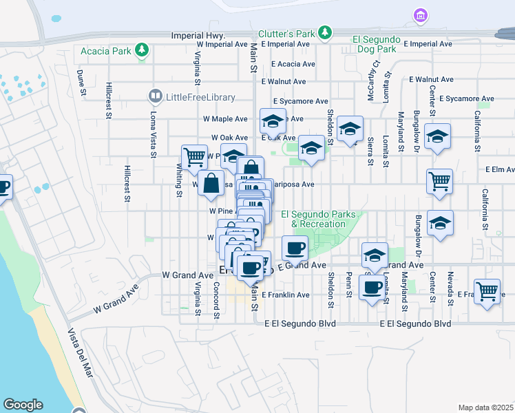 map of restaurants, bars, coffee shops, grocery stores, and more near 506 1/2 Main Street in El Segundo