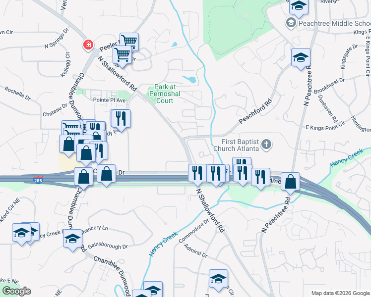 map of restaurants, bars, coffee shops, grocery stores, and more near 4440 North Shallowford Road in Dunwoody