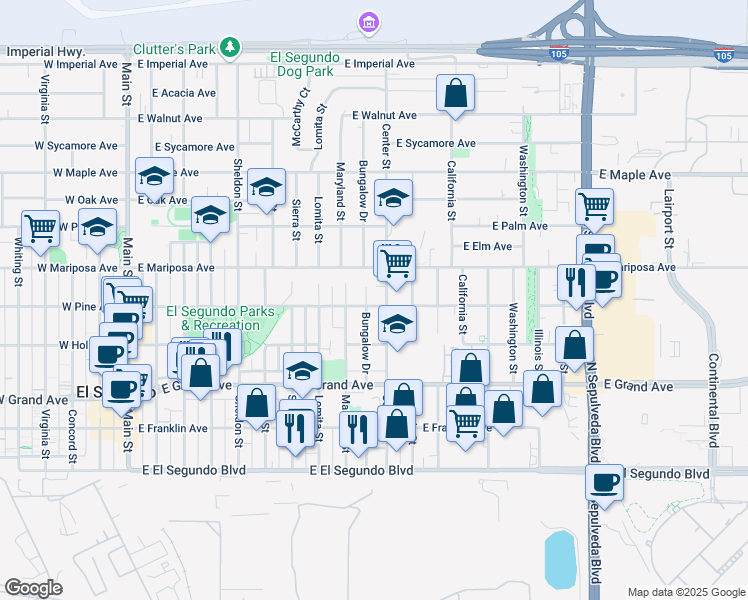 map of restaurants, bars, coffee shops, grocery stores, and more near 1003 East Pine Avenue in El Segundo
