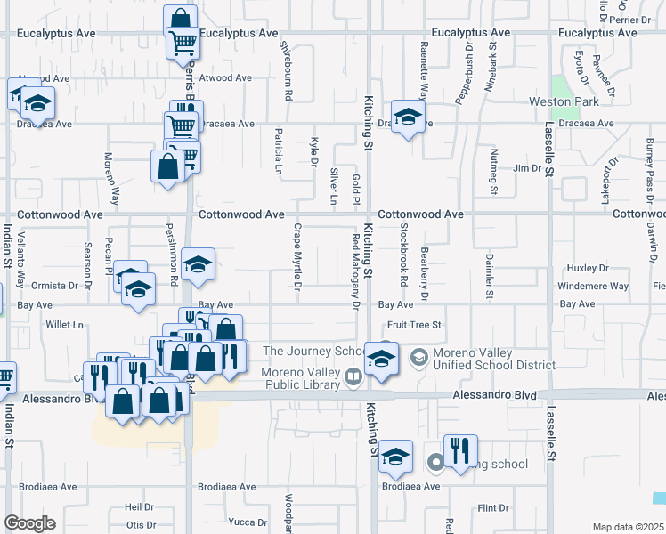 map of restaurants, bars, coffee shops, grocery stores, and more near 13661 Blue Spruce Court in Moreno Valley