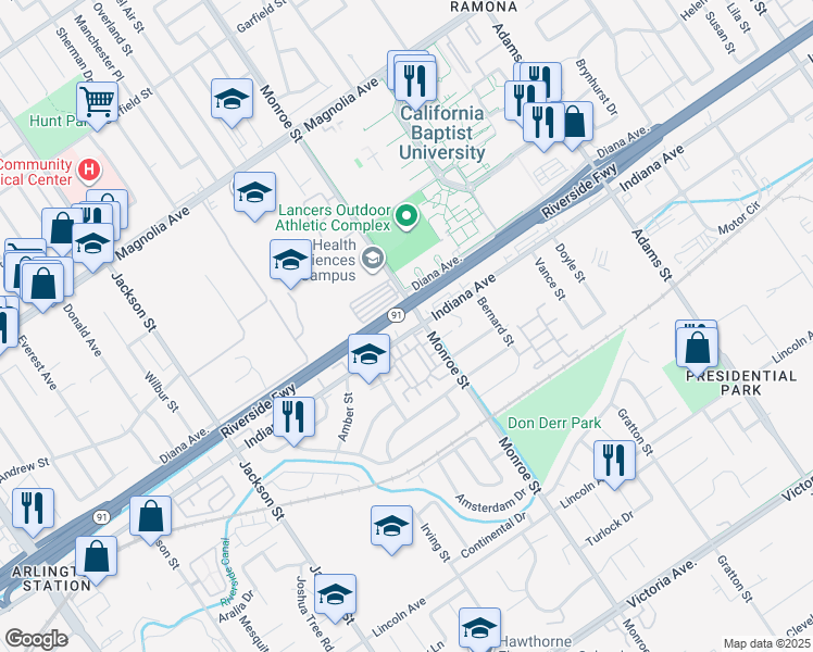 map of restaurants, bars, coffee shops, grocery stores, and more near 8717 Indiana Avenue in Riverside