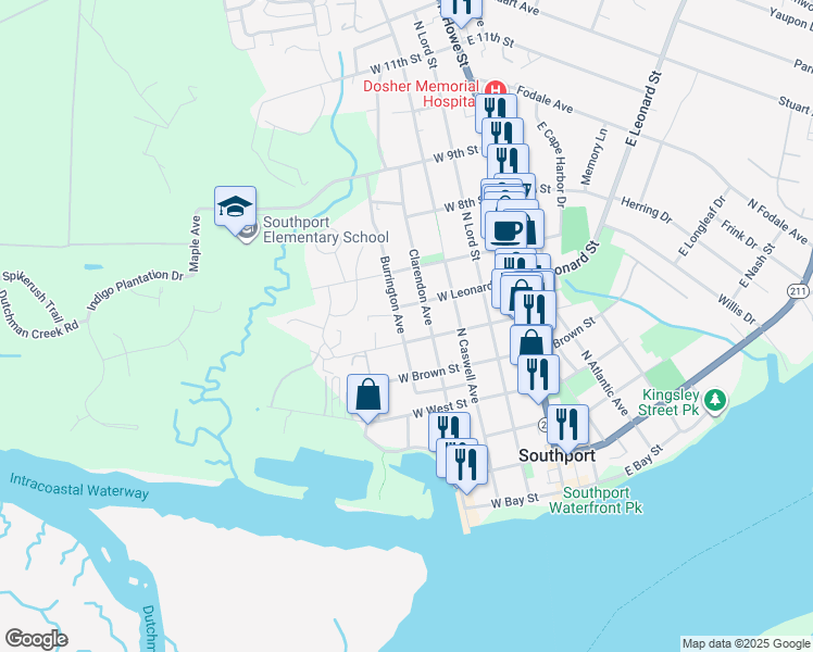 map of restaurants, bars, coffee shops, grocery stores, and more near 504 Burrington Avenue in Southport