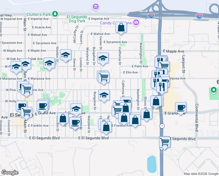 map of restaurants, bars, coffee shops, grocery stores, and more near 505 Nevada Street in El Segundo