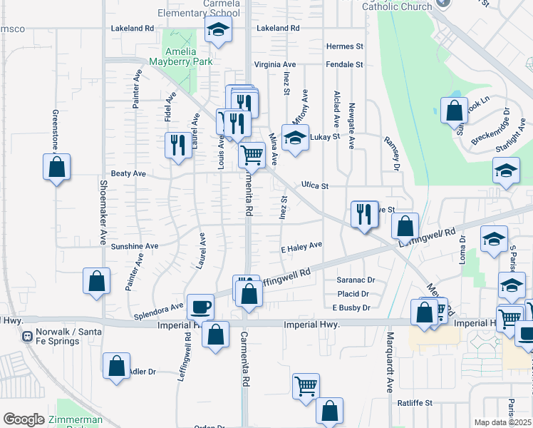 map of restaurants, bars, coffee shops, grocery stores, and more near 12017 Inez Street in Whittier