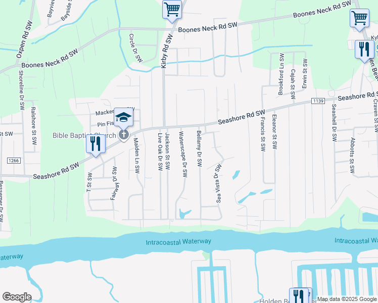 map of restaurants, bars, coffee shops, grocery stores, and more near 2580 Waterscape Drive Southwest in Brunswick
